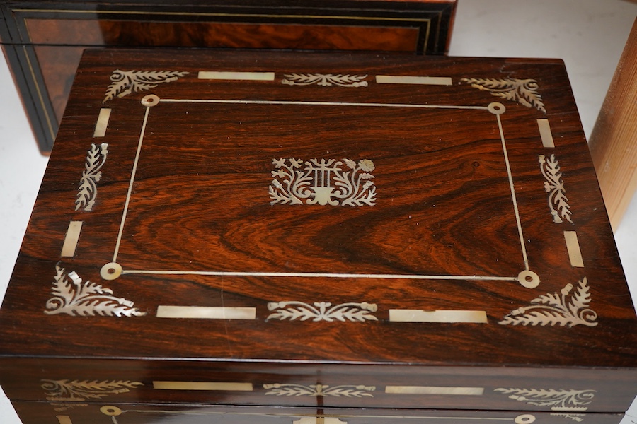 An early Victorian rosewood mother of pearl inlaid work box and burr walnut with slope